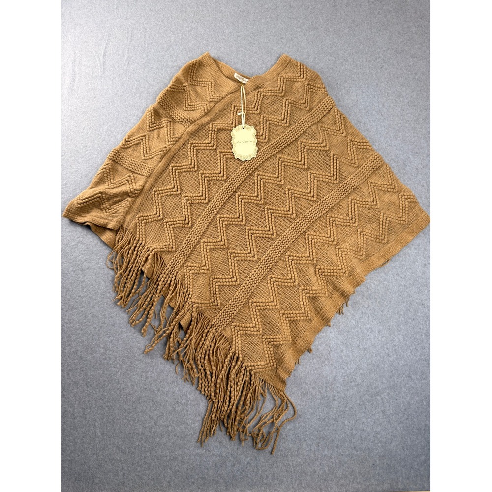 Ace Fashion Tan Popcorn Knit Chevron Fringe Poncho Wrap One Size Fits Most